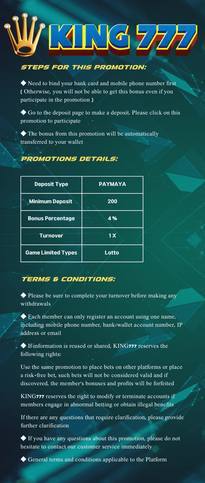 King777 Maya 4% Deposit Bonus on Lotto details