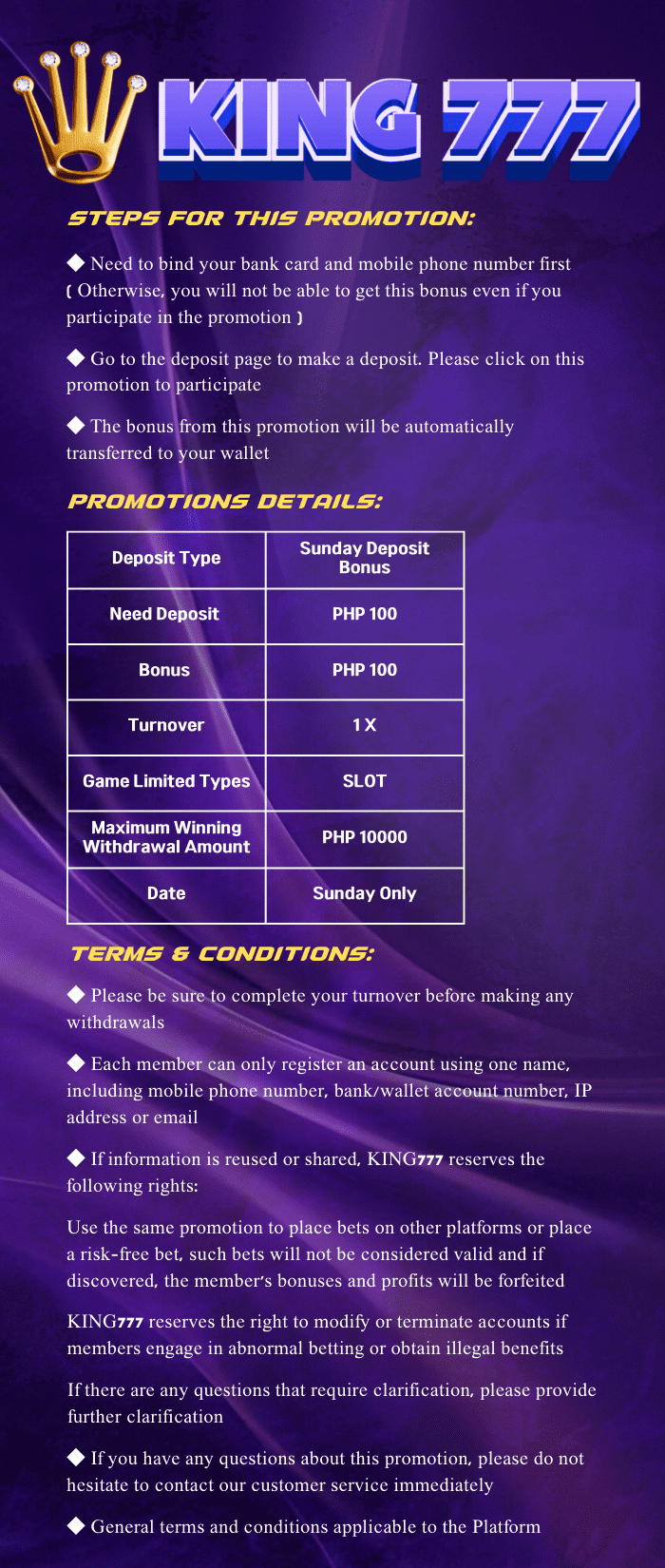 King777 Sunday only Promo Details